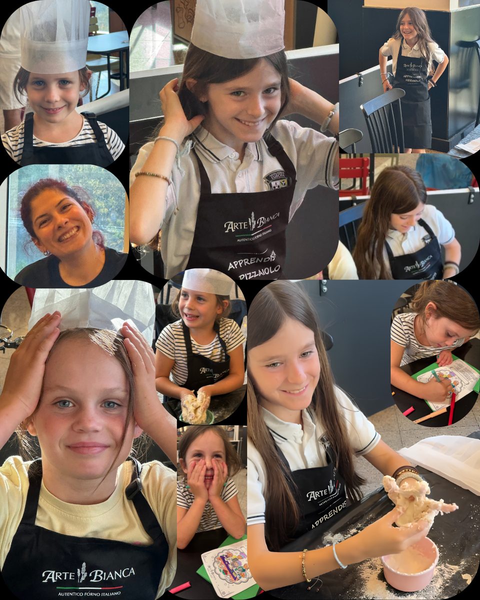 Niños y niñas con delantal de Arte Bianca haciendo pizza en el taller